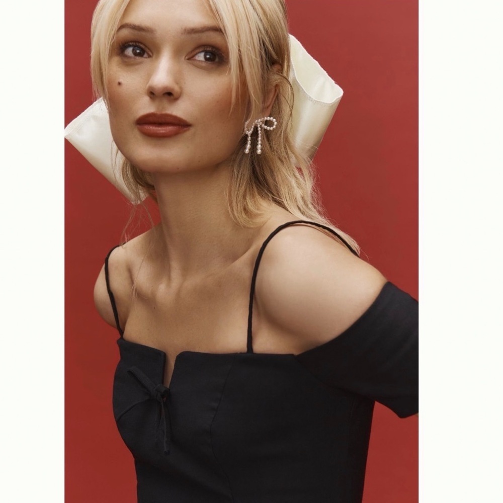 NWT Anthro Maeve Off-The-Shoulder Bow Sexy Elegant Mini Black Dress, S - Picture 4 of 12